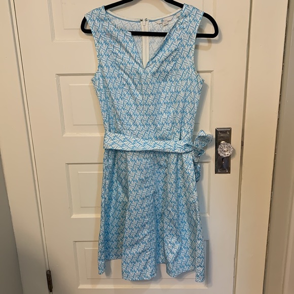 Boden Mischa Belted Midi Fit and Flare Dress in Aqua Swaying Coral Sz 6 - Picture 7 of 16